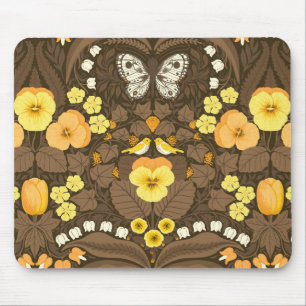Tapis De Souris Pansies jaunes, oiseaux et papillons