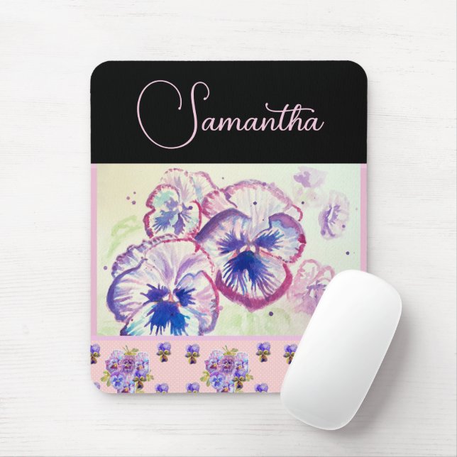 Tapis De Souris Pansies rose Pansy Aquarelle Fleurie art (Avec souris)
