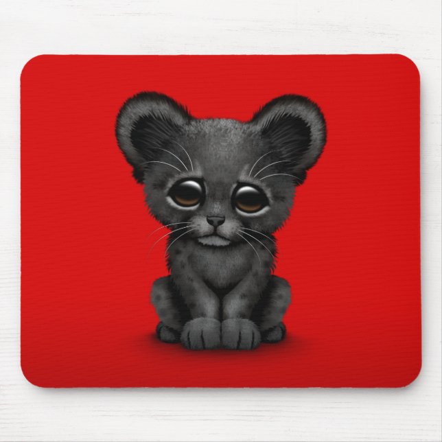 Tapis De Souris Panthère noire CUB de bébé mignon sur le rouge (Devant)