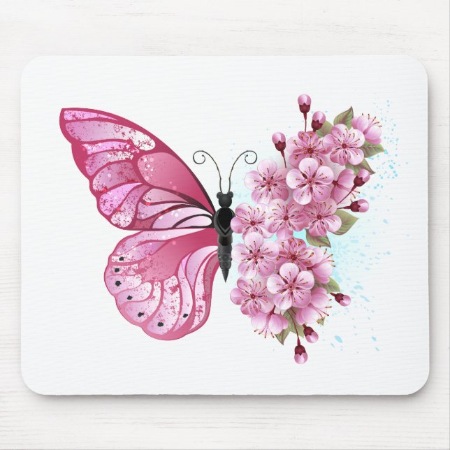 Tapis De Souris Papillon à fleurs avec Sakura rose (Devant)