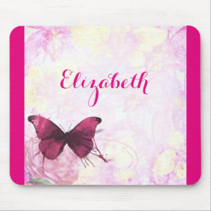 Tapis De Souris Papillon d'aquarelle violet sur rose et jaune