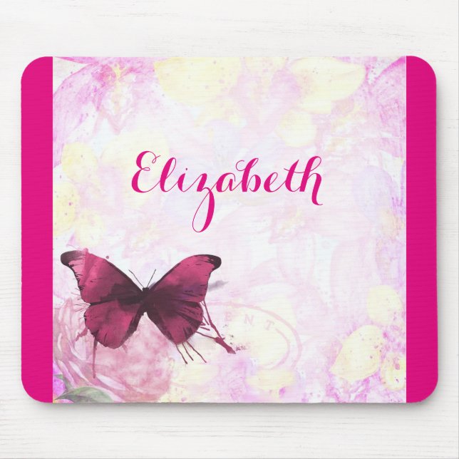 Tapis De Souris Papillon d'aquarelle violet sur rose et jaune (Devant)