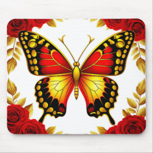 Tapis De Souris Papillon Doré Avec Des Roses Rouges Et Des Feuille
