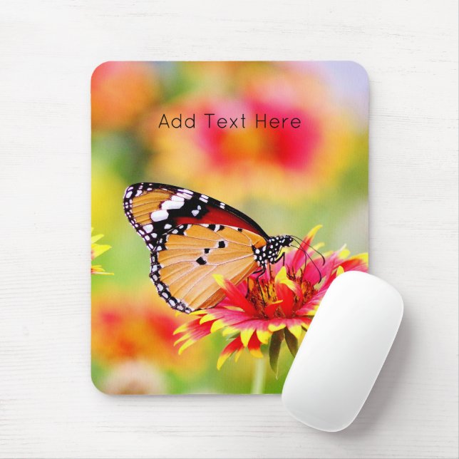 Tapis De Souris Papillon monarque sur Fleur rouge et jaune (Avec souris)