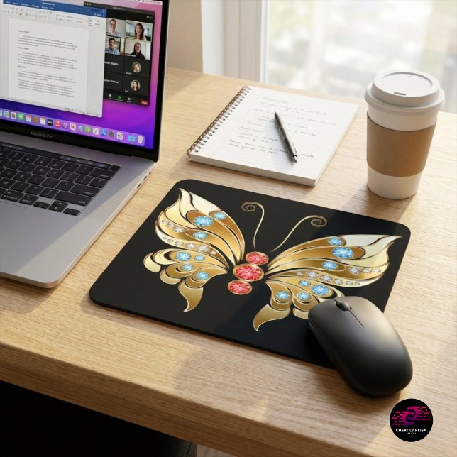 Tapis De Souris Papillon orné d'or (Upgrade your workspace with gold jeweled butterfly impact ✨)