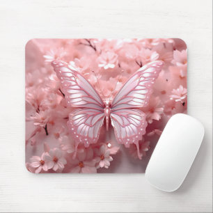 Tapis De Souris Papillon rose 3-D sur les fleurs