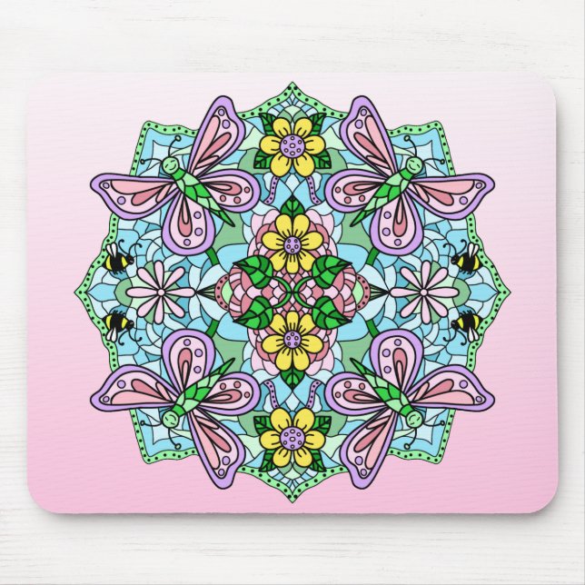 Tapis De Souris Papillon rose Mandala main Whimsical tiré (Devant)