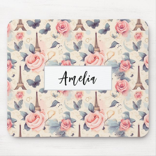 Tapis De Souris Papillon Tour Eiffel et Motif Rose (Devant)