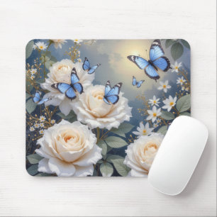 Tapis De Souris Papillons bleus dans un jardin de roses blanches