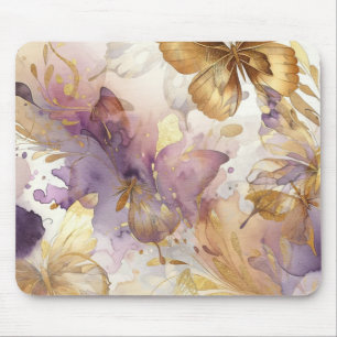 Tapis De Souris Papillons d'aquarelle à papillon pourpre et or