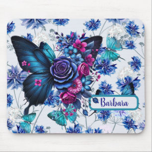 Tapis De Souris Papillons Et Fleurs Bleus Monogrammes