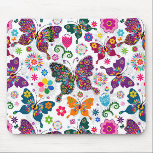 Tapis De Souris Papillons et fleurs colorés rétro Motif
