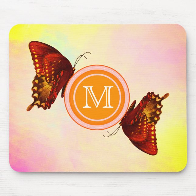 Tapis De Souris Papillons orange vifs & Pastel Sky | Monogramme (Devant)