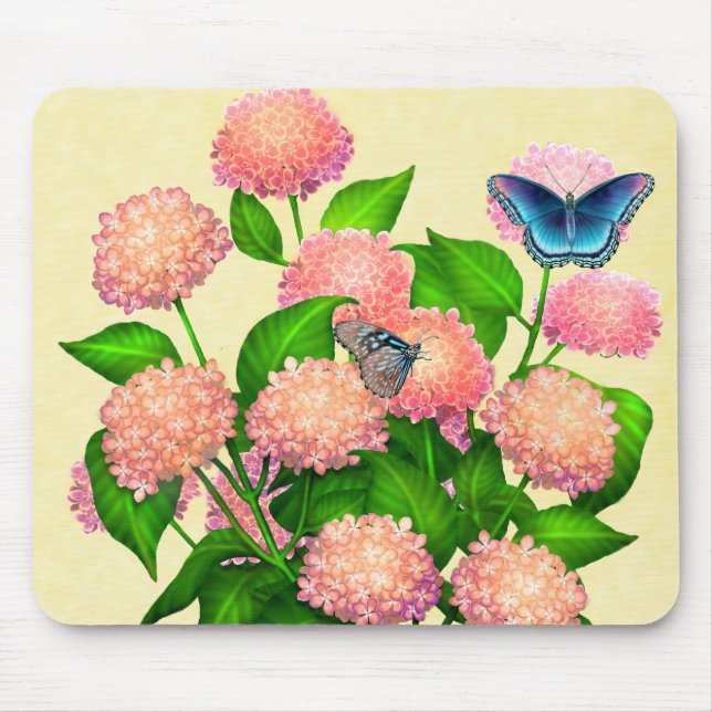 Tapis De Souris Papillons sur les hortensias roses Mousepad (Devant)
