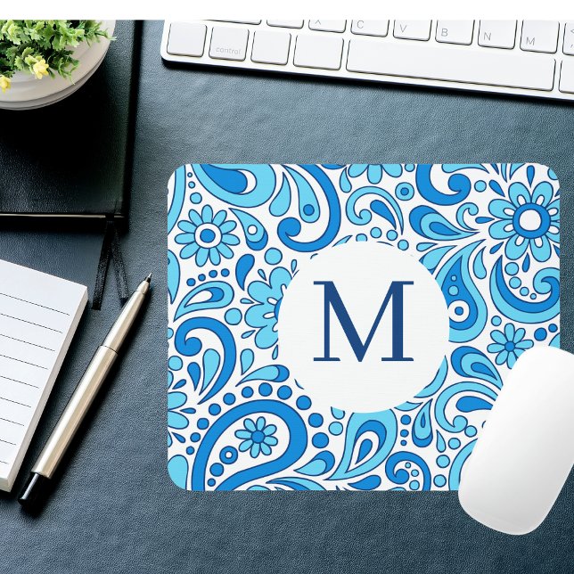 Tapis De Souris Parfaitement Paisley Blue Monogram (Créateur téléchargé)