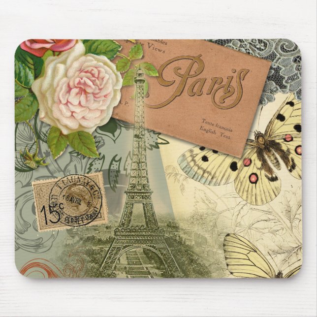 Tapis De Souris Paris France Art Antique Collage Eiffel Français (Devant)