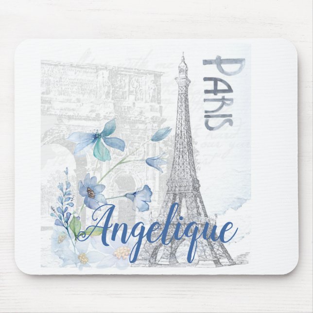 Tapis De Souris Paris Scène et Fleurs Bleues Personnalisées (Devant)