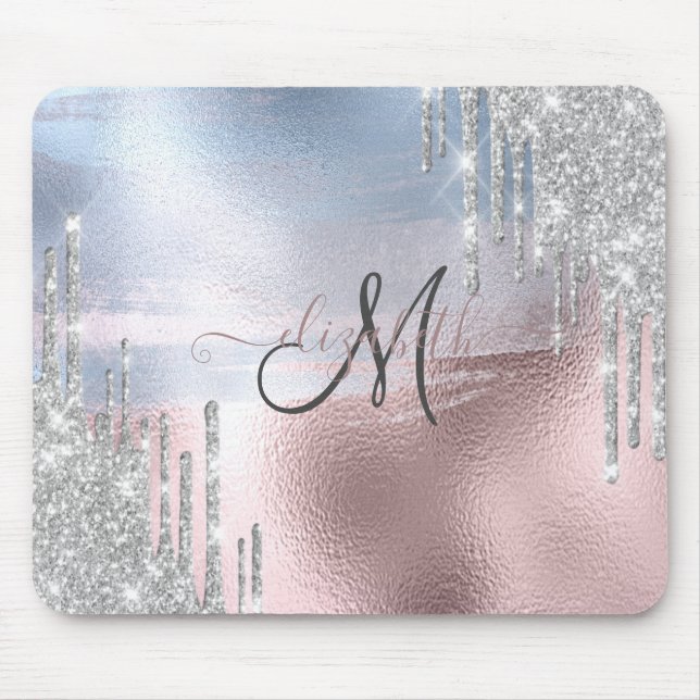 Tapis De Souris Parties scintillant argent gouttes Rose bleu métal (Devant)