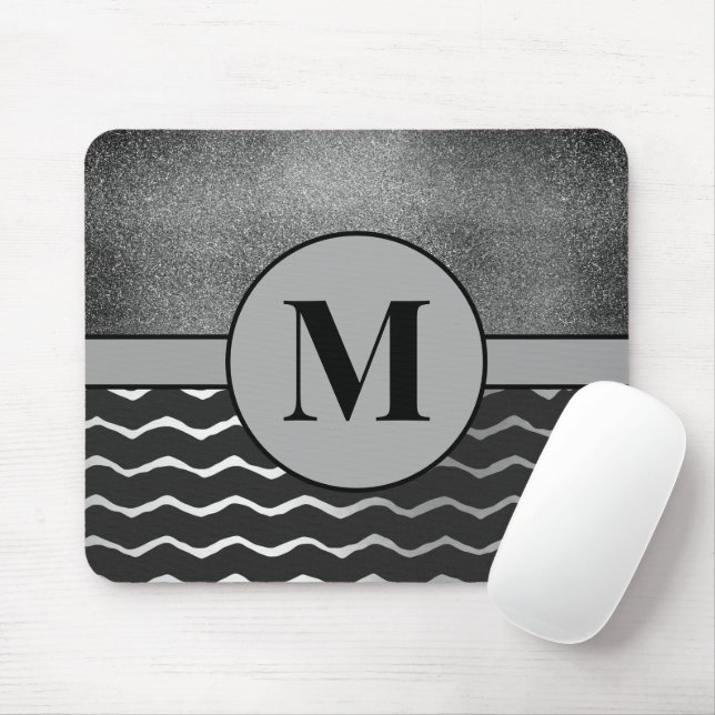 Tapis De Souris Parties scintillant en argent Chevron noir Monogra (Avec souris)