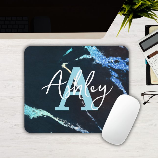 Tapis De Souris Parties scintillant Marbre Bleu Personnalisé Monog (Custom Monogrammed Blue Glitter Marble Mousepad
)