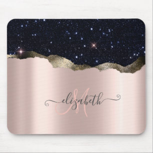 Tapis De Souris Parties scintillant noire moderne Rose or Monogram