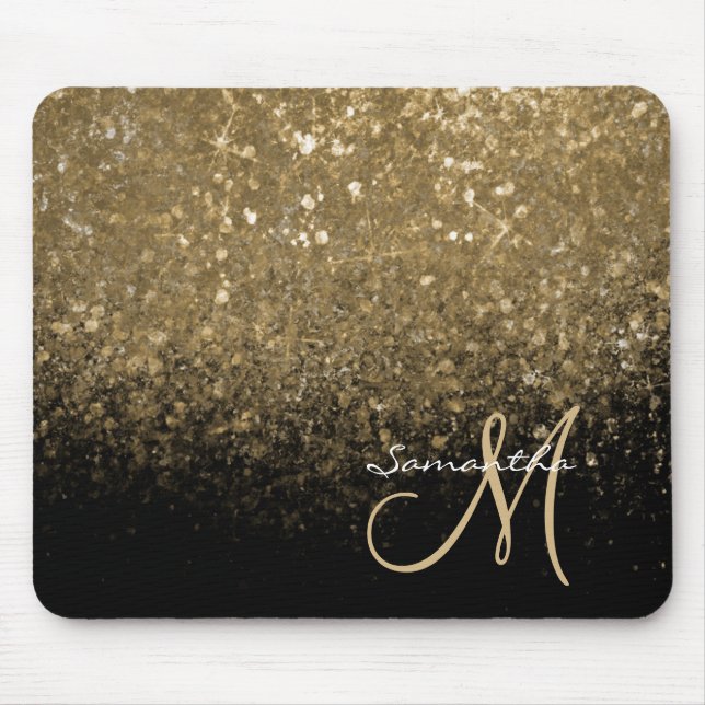 Tapis De Souris Parties scintillant Or Chic et Monogramme Noir (Devant)