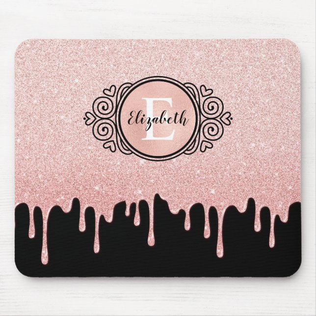 Tapis De Souris Parties scintillant Rose noir à goutte d'or (Devant)