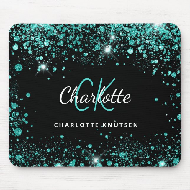 Tapis De Souris Parties scintillant turquoise noire nom monogramme (Devant)