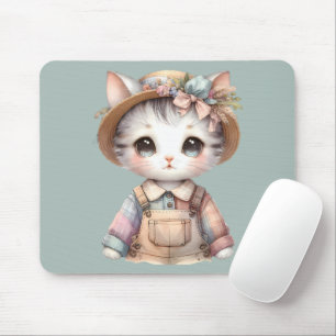Tapis De Souris Pastel Cottagecore Chat en boules et Casquette pai