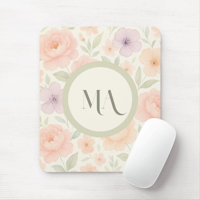 Tapis De Souris Pastel Floral Monogram Mousepad - Personnalisé (Avec souris)