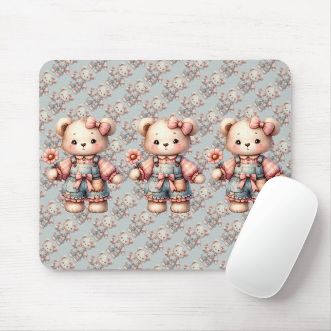 Tapis De Souris Pastel Teddy Bear Holding Flower Wear Overalls (Avec souris)