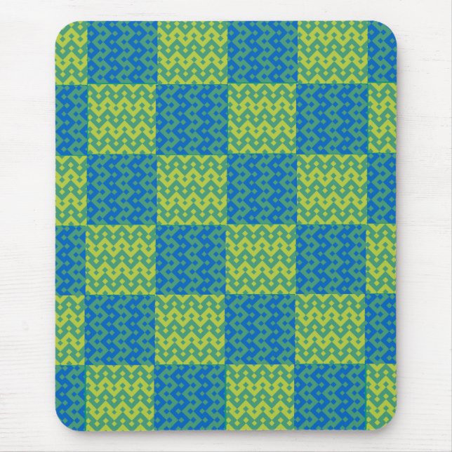Tapis De Souris Patchwork Mousepad, bleu et vert géométriques (Devant)