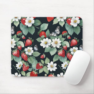 Tapis De Souris Patte fraise avec Fleurs et Papillons Noir