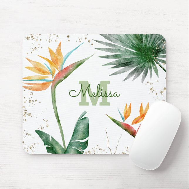 Tapis De Souris Paume de feuillage Tropical Monogramme Floral Or (Avec souris)