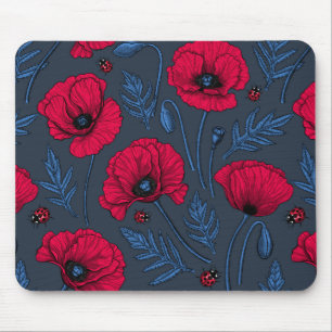 Tapis De Souris Pavot rouge et coccinelle bleu foncé