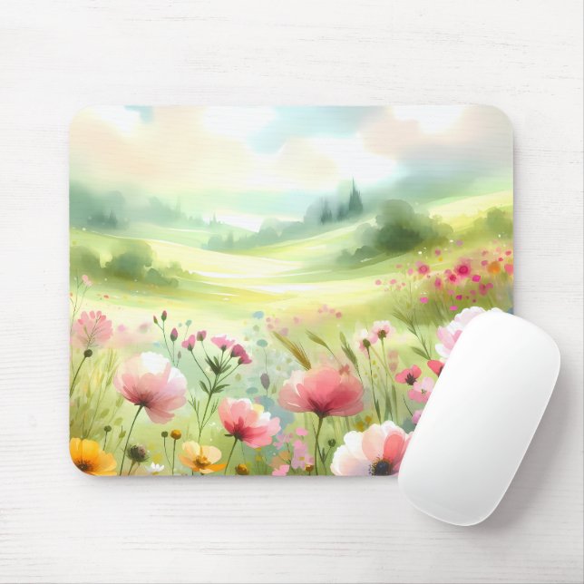 Tapis De Souris Paysage de prairie fleurie pastel (Avec souris)