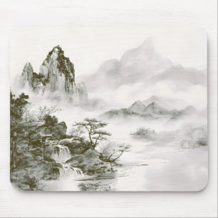 Tapis De Souris Paysage minimaliste de montagne Zen à l'encre brum