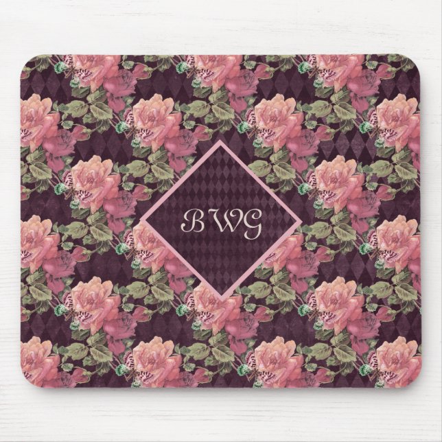Tapis De Souris Peach Flowers on Purple Diamonds Monogramme (Devant)
