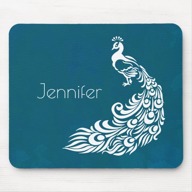 Tapis De Souris Peacock blanc sur design Art déco chic Turquoise (Devant)