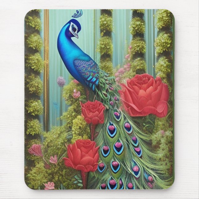 Tapis De Souris Peacock Bleu en Rose et Fern Garden (Devant)