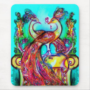 Tapis De Souris PEACOCKS IN LOVE MONOGRAM rouge bleu turquase vert