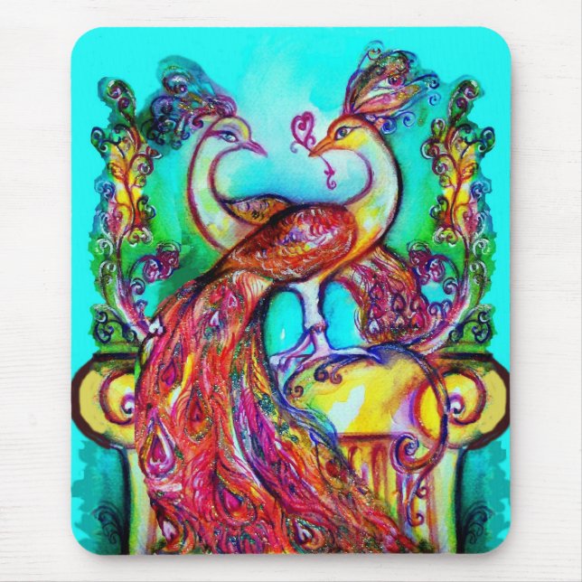 Tapis De Souris PEACOCKS IN LOVE MONOGRAM rouge bleu turquase vert (Devant)