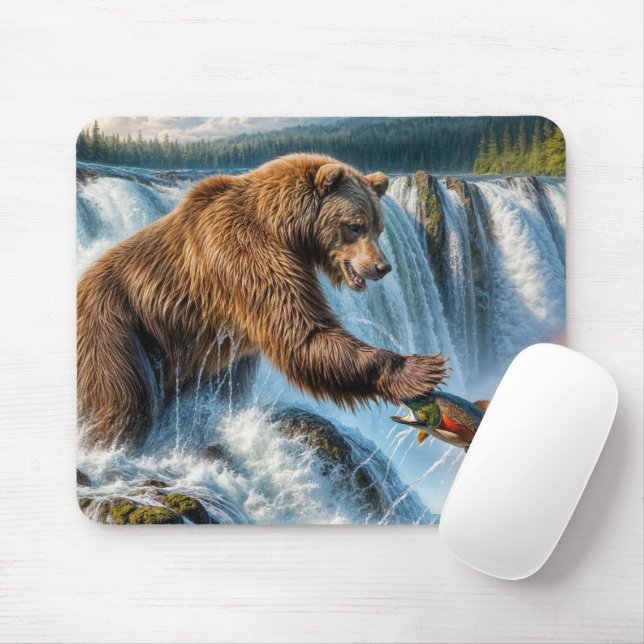 Tapis De Souris Pêche à l'ours grizzli en Alaska (Avec souris)