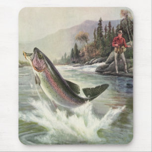 Tapis De Souris Pêche vintage à la truite arc-en-ciel, Pêche des p