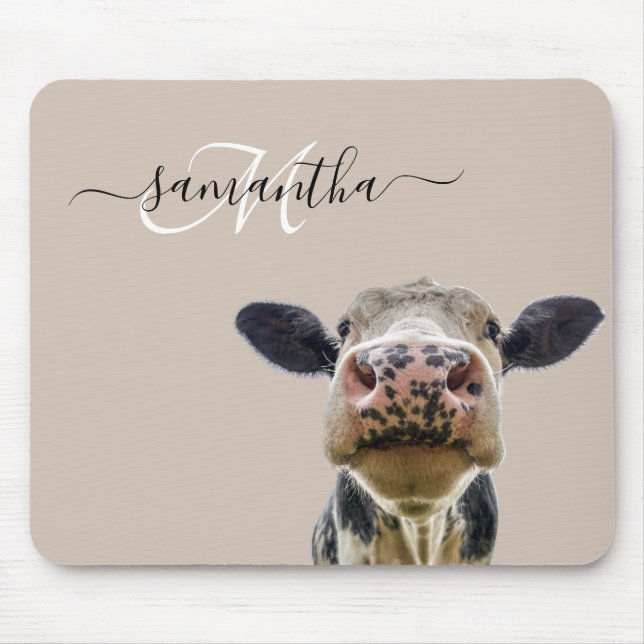 Tapis De Souris Peeking Sneaky Cow Personnalisé Monogramme (Devant)