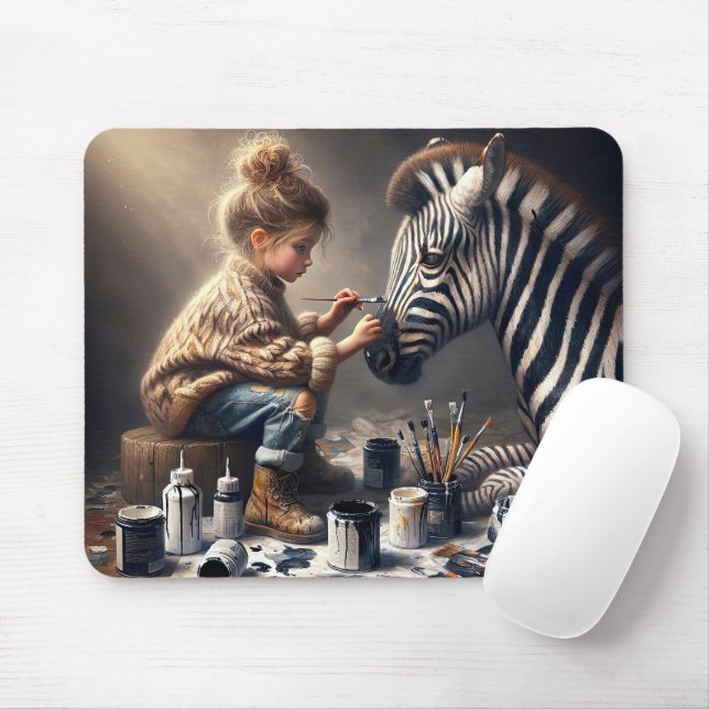 Tapis De Souris Peinture de filles sur un zèbre (Avec souris)
