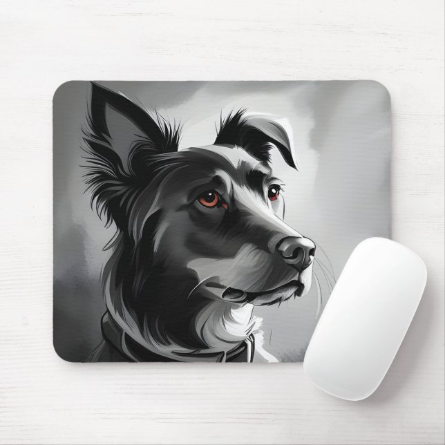 Tapis De Souris Peinture de portrait de chien noir et argent (Avec souris)