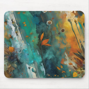 Tapis De Souris Peinture de récolte d'automne Turquoise Rouille Or