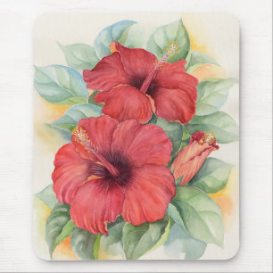 Tapis De Souris Peinture tropicale de fleur de ketmie rouge -