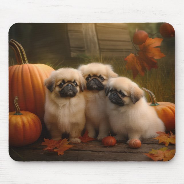 Tapis De Souris Pekingese Chiot Automne Citrouille délice (Devant)